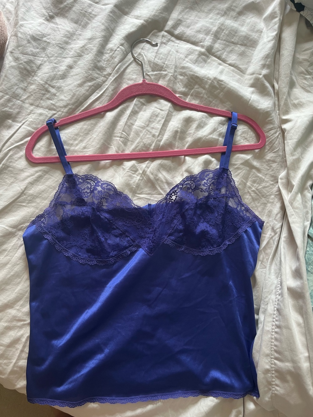 Blue Satin Lace-Trim Chemise Camisole
